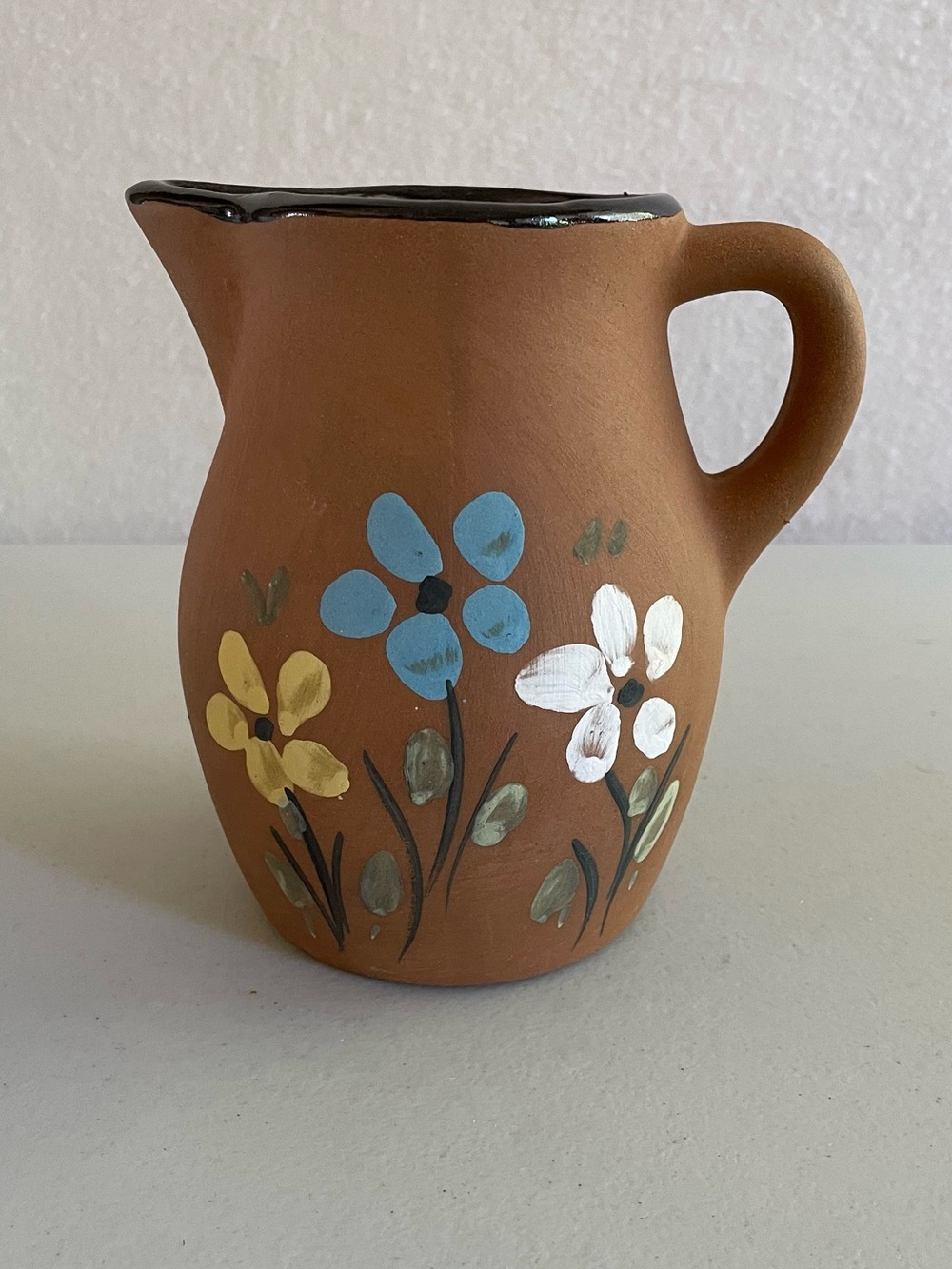 Vintage Hand Painted Terracotta Floral Pitcher Rustic Folk Art Clay Jug Vase 6"